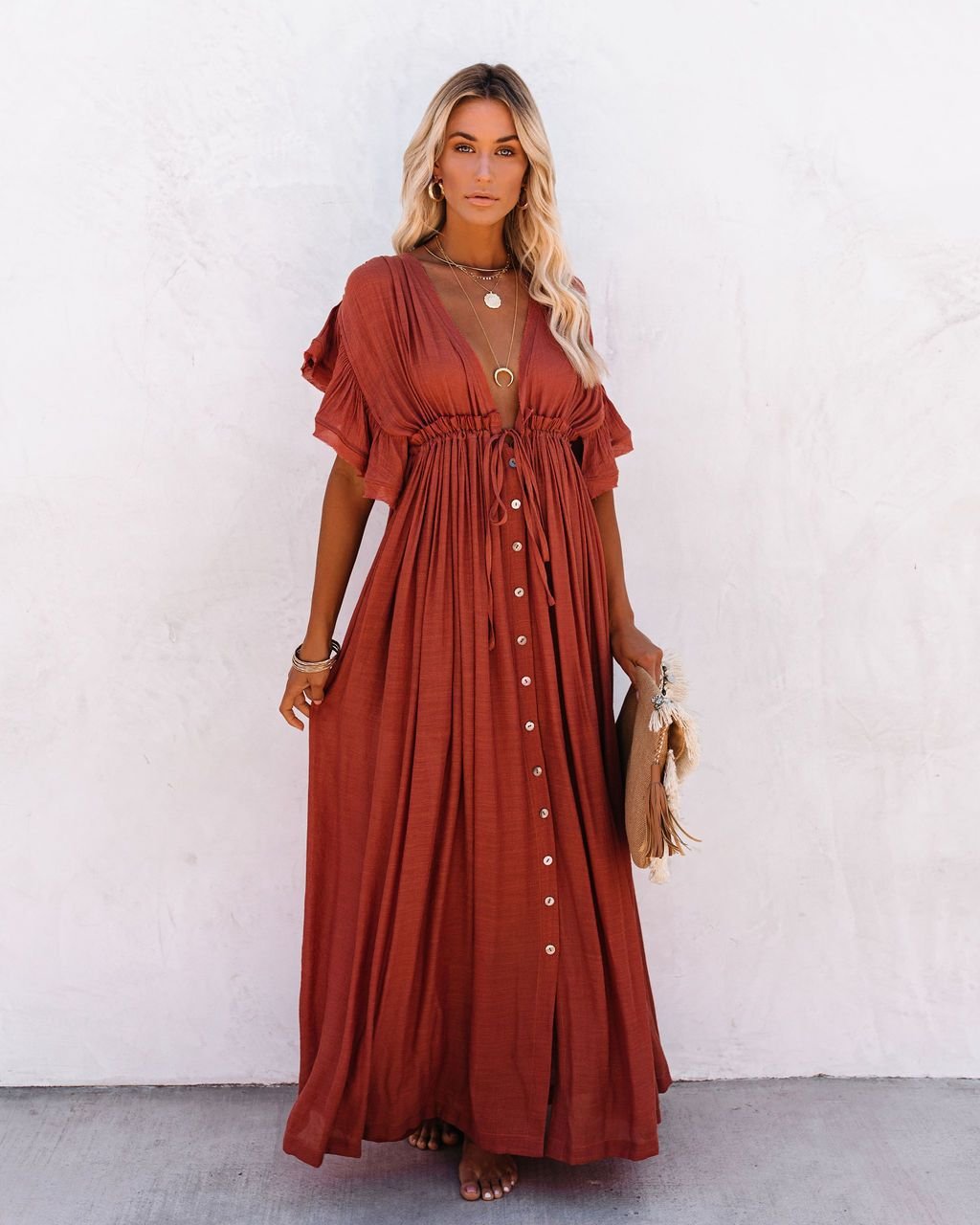 Women's V-Neck Button-Front Flutter-Sleeve Maxi Dress - Rust