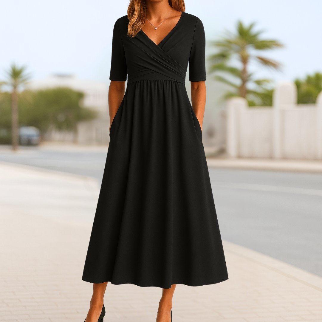 Women's V-Neck Crossover Bodice A-Line Midi Dress Short Sleeves Pockets - Black