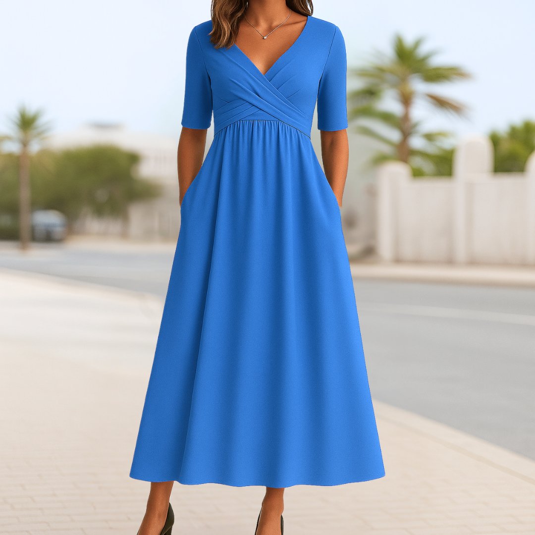 Women's V-Neck Crossover Bodice A-Line Midi Dress Short Sleeves Pockets - Light Blue
