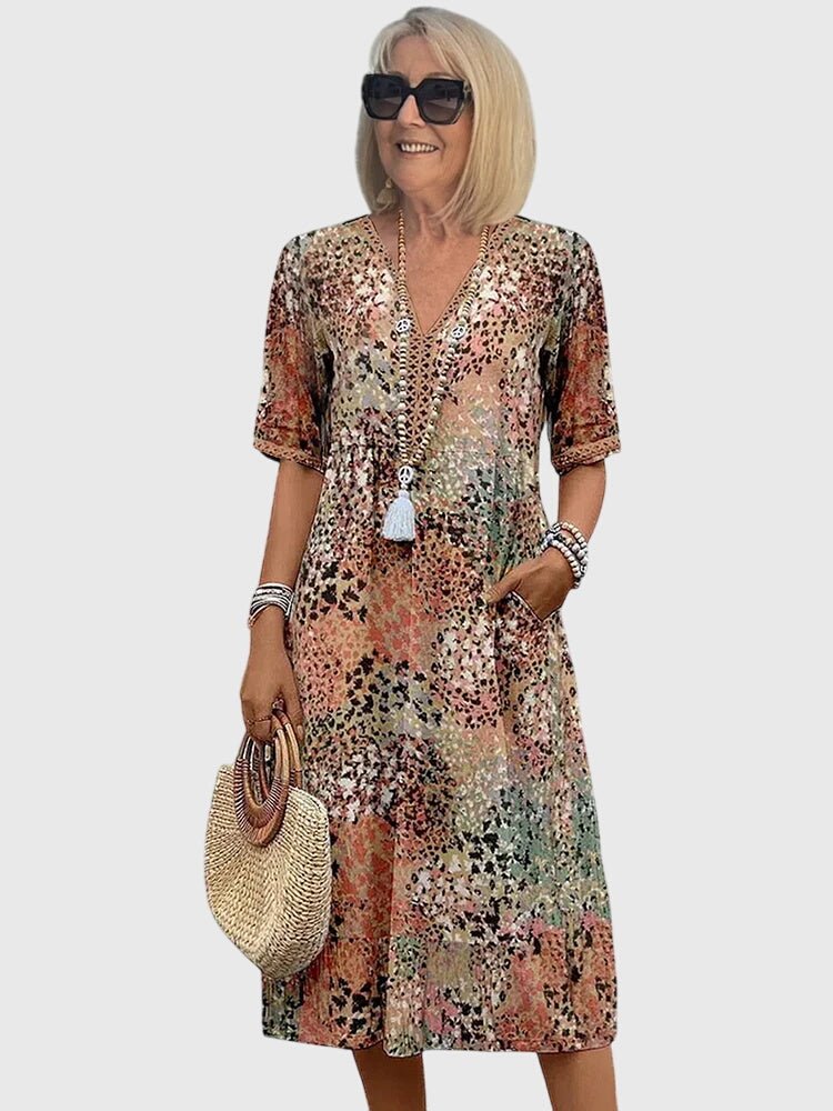 Women's V-Neck Short-Sleeve Floral Print Midi Swing Dress - Beige