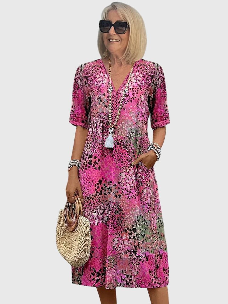 Women's V-Neck Short-Sleeve Floral Print Midi Swing Dress - Roze