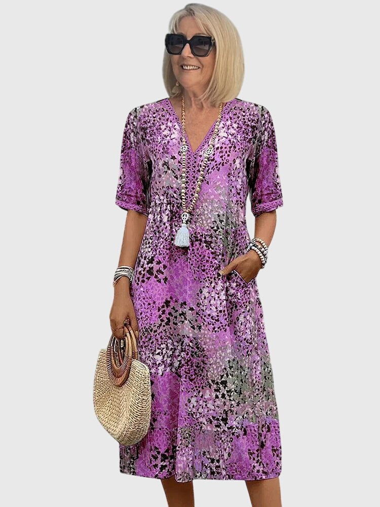 Women's V-Neck Short-Sleeve Floral Print Midi Swing Dress - Paars