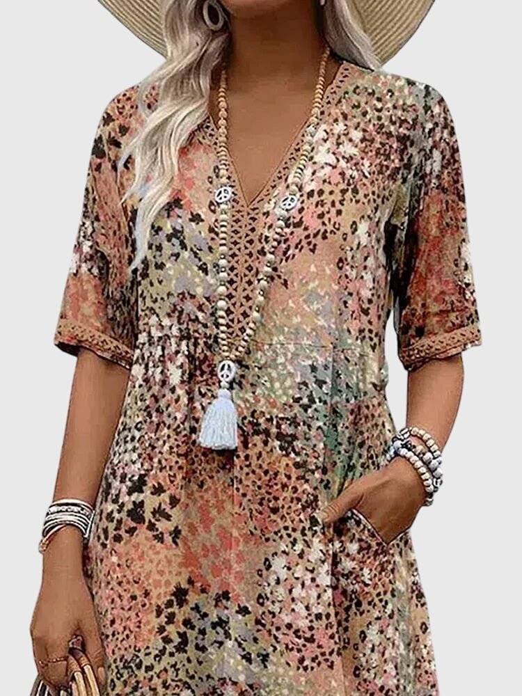 Women's V-Neck Short-Sleeve Floral Print Midi Swing Dress