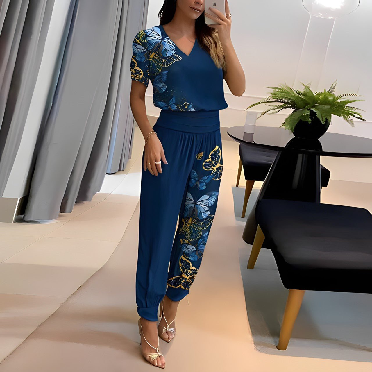 Women's V-Neck Short-Sleeve Geometric-Print High-Waist Two-Piece Pants Set - Blue