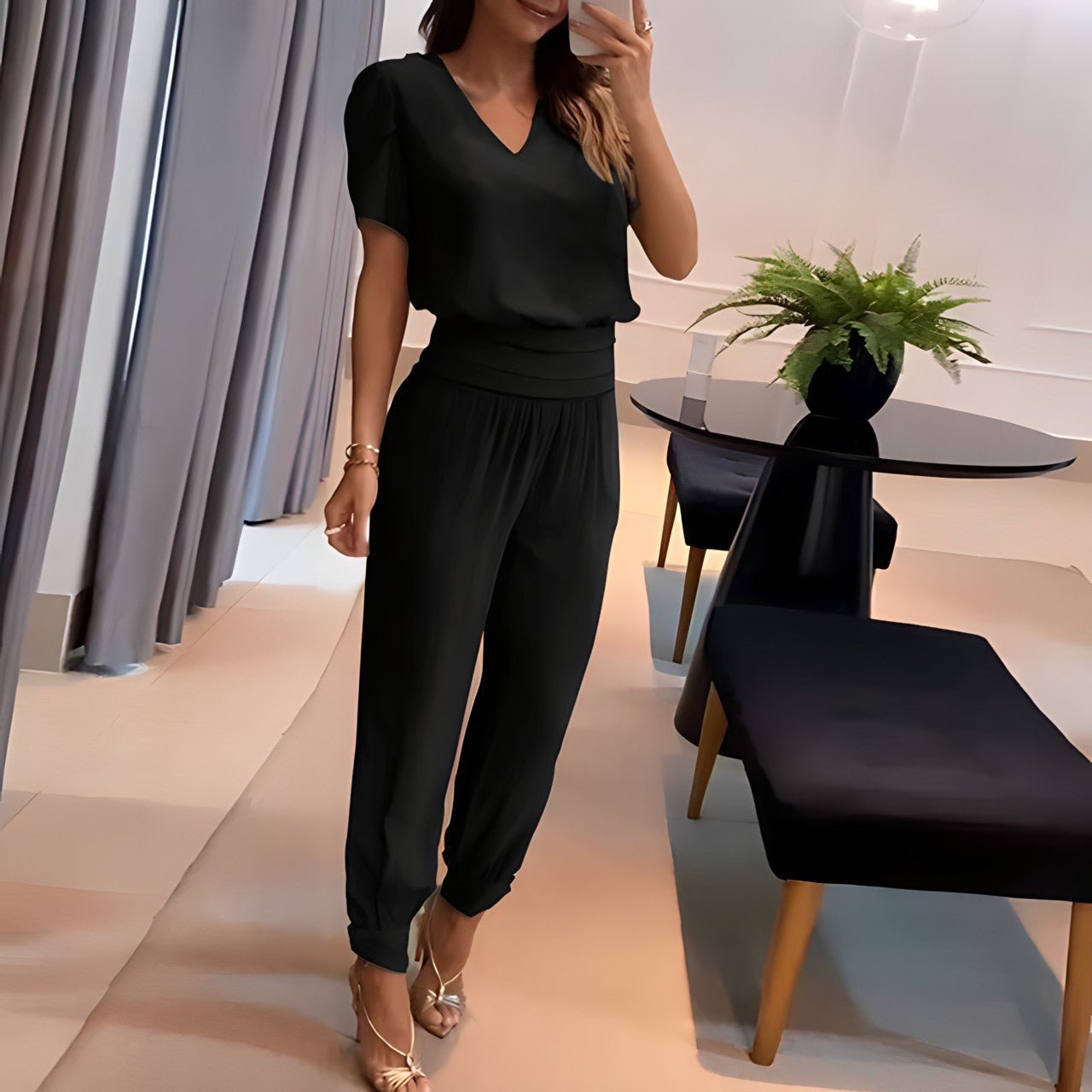 Women's V-Neck Short-Sleeve Geometric-Print High-Waist Two-Piece Pants Set - Black