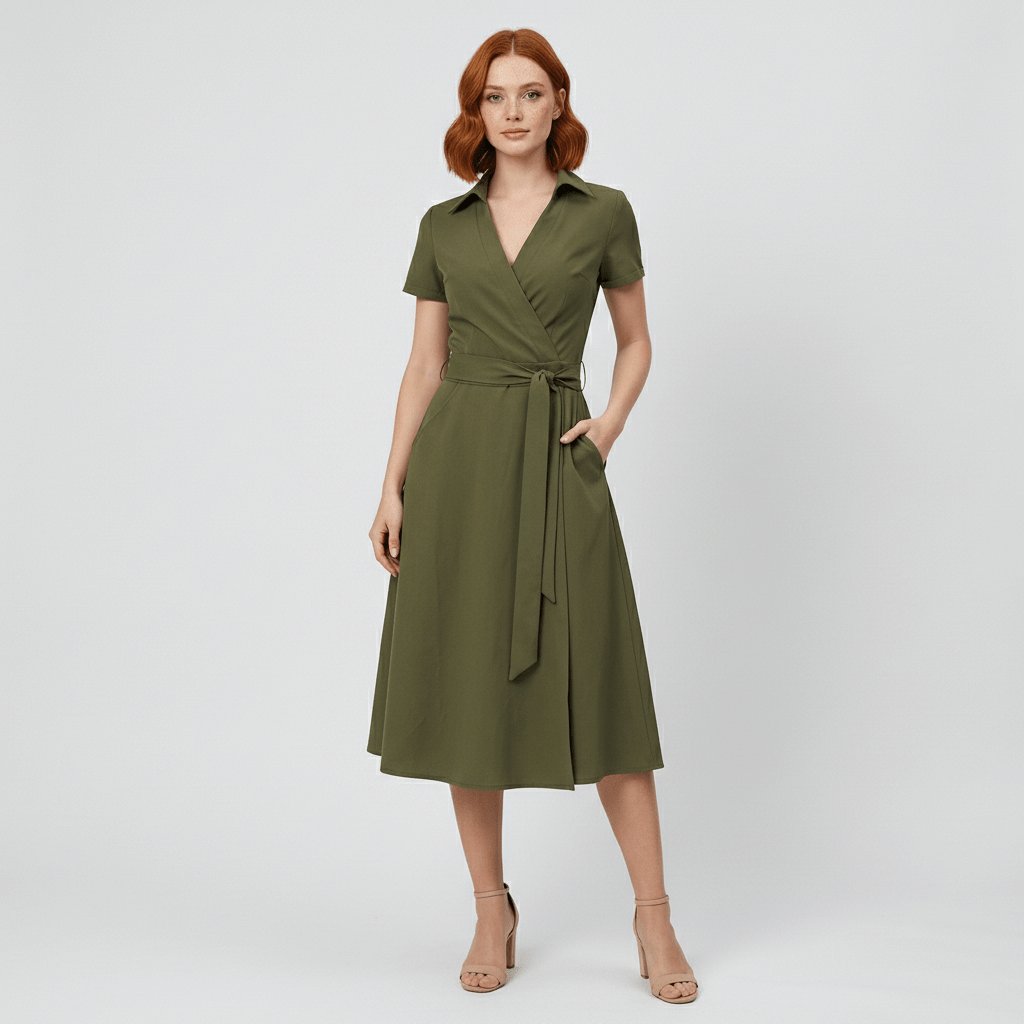 Women's V-Neck Wrap-Style A-Line Midi Dress Waist Tie - Olive Green