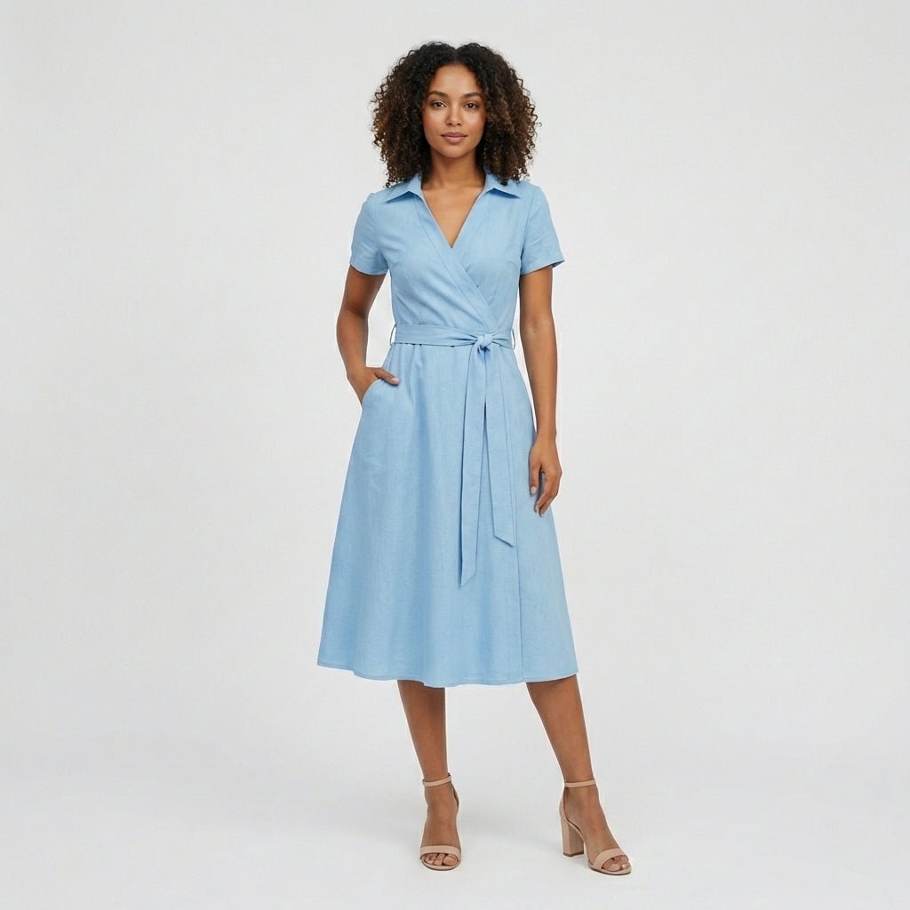 Women's V-Neck Wrap-Style A-Line Midi Dress Waist Tie - Sky Blue