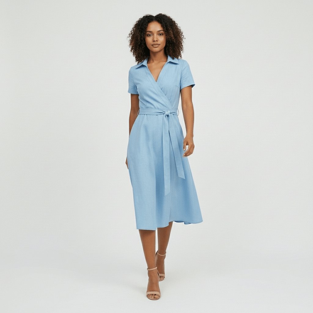 Women's V-Neck Wrap-Style A-Line Midi Dress Waist Tie