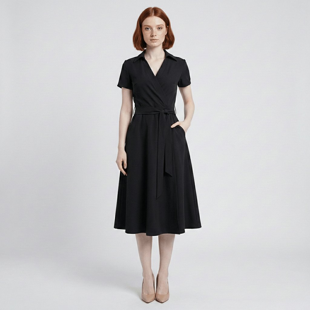 Women's V-Neck Wrap-Style A-Line Midi Dress Waist Tie - Deep Black
