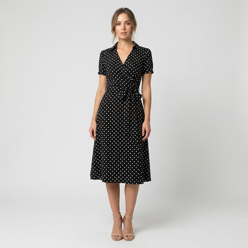 Women's V-Neck Wrap-Style A-Line Midi Dress Waist Tie - Spotty Multicolour