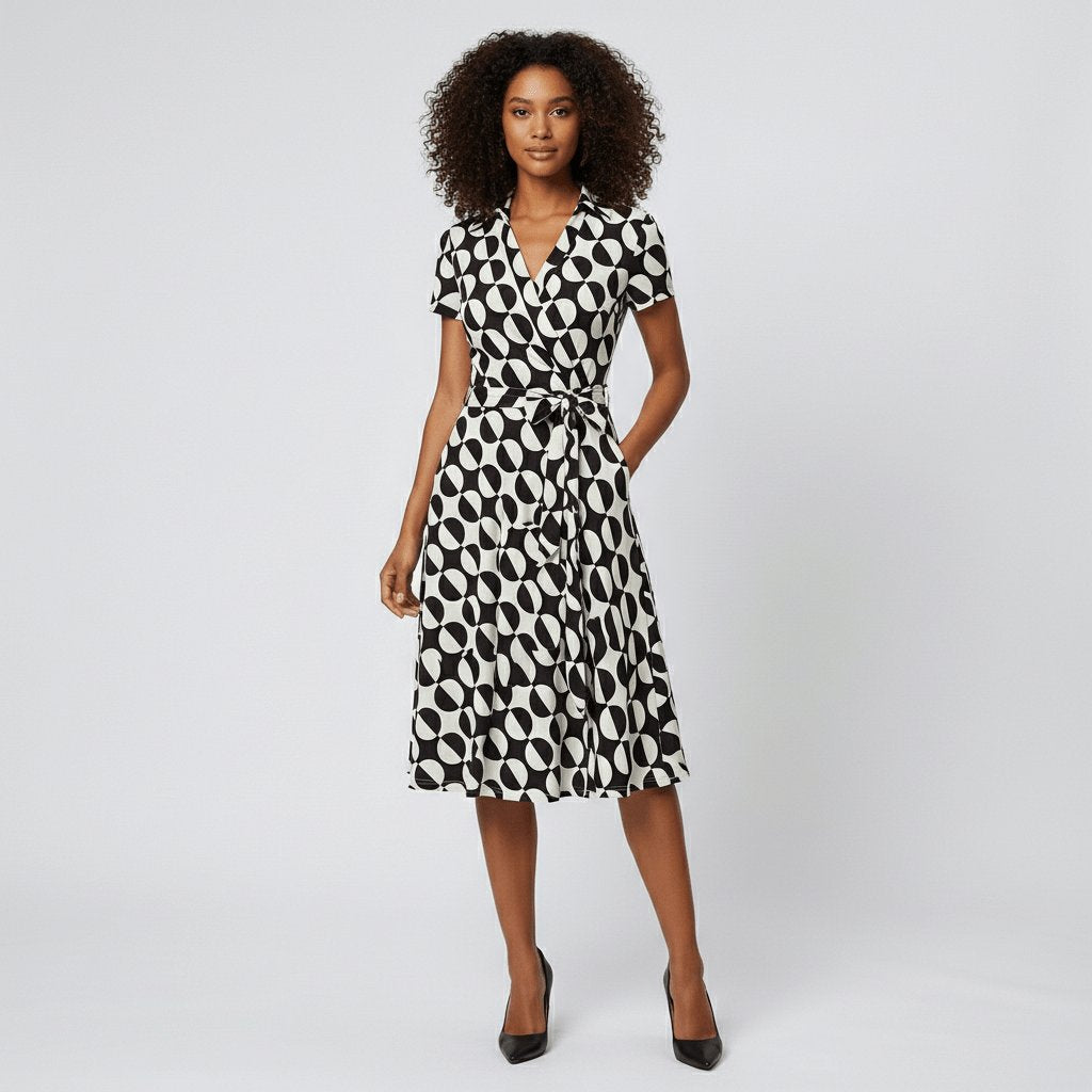 Women's V-Neck Wrap-Style A-Line Midi Dress Waist Tie - Geometric Multicolour