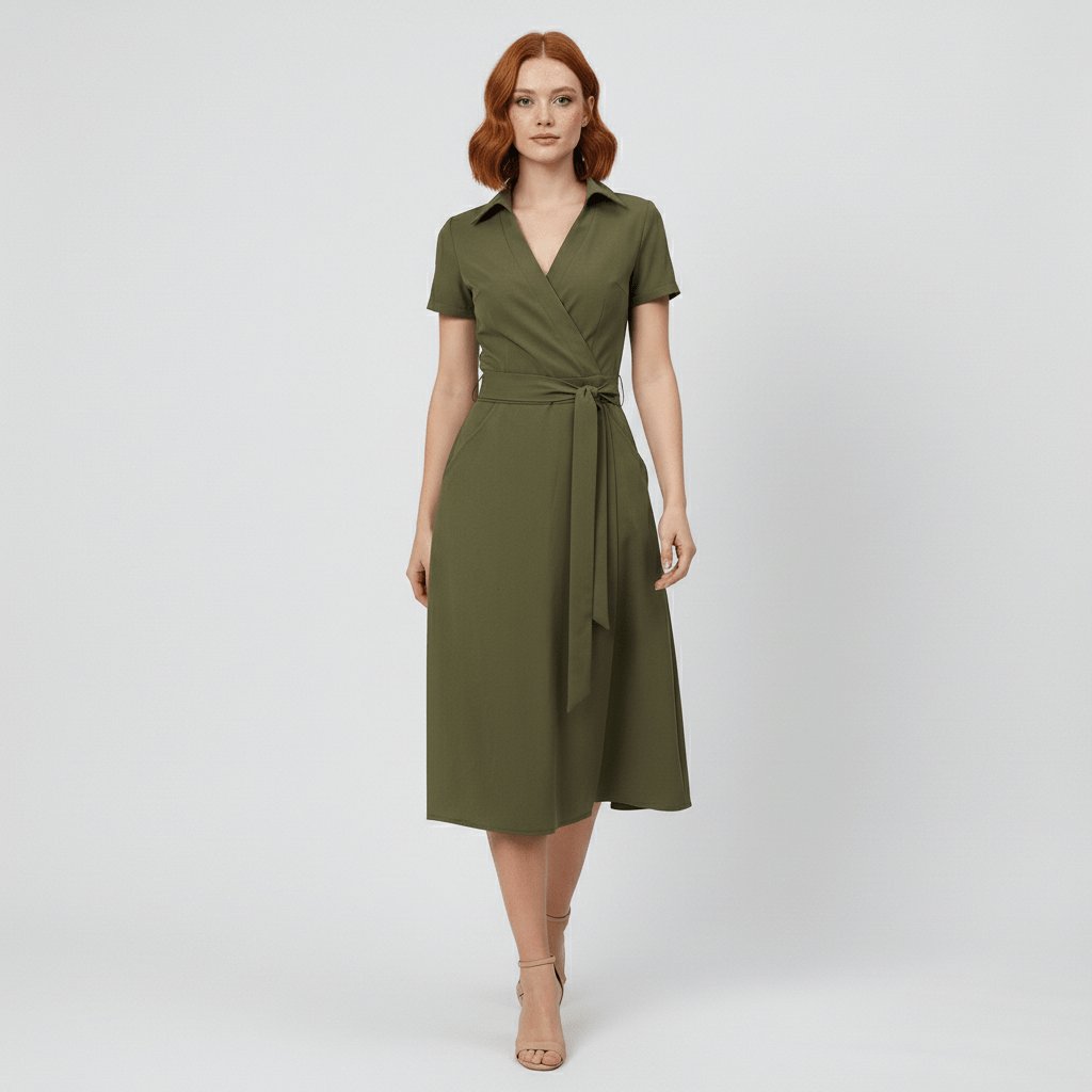 Women's V-Neck Wrap-Style A-Line Midi Dress Waist Tie