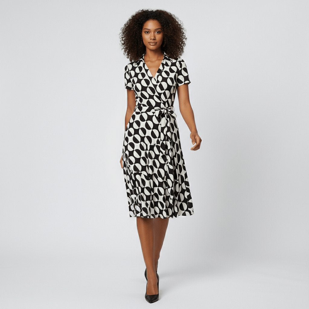 Women's V-Neck Wrap-Style A-Line Midi Dress Waist Tie
