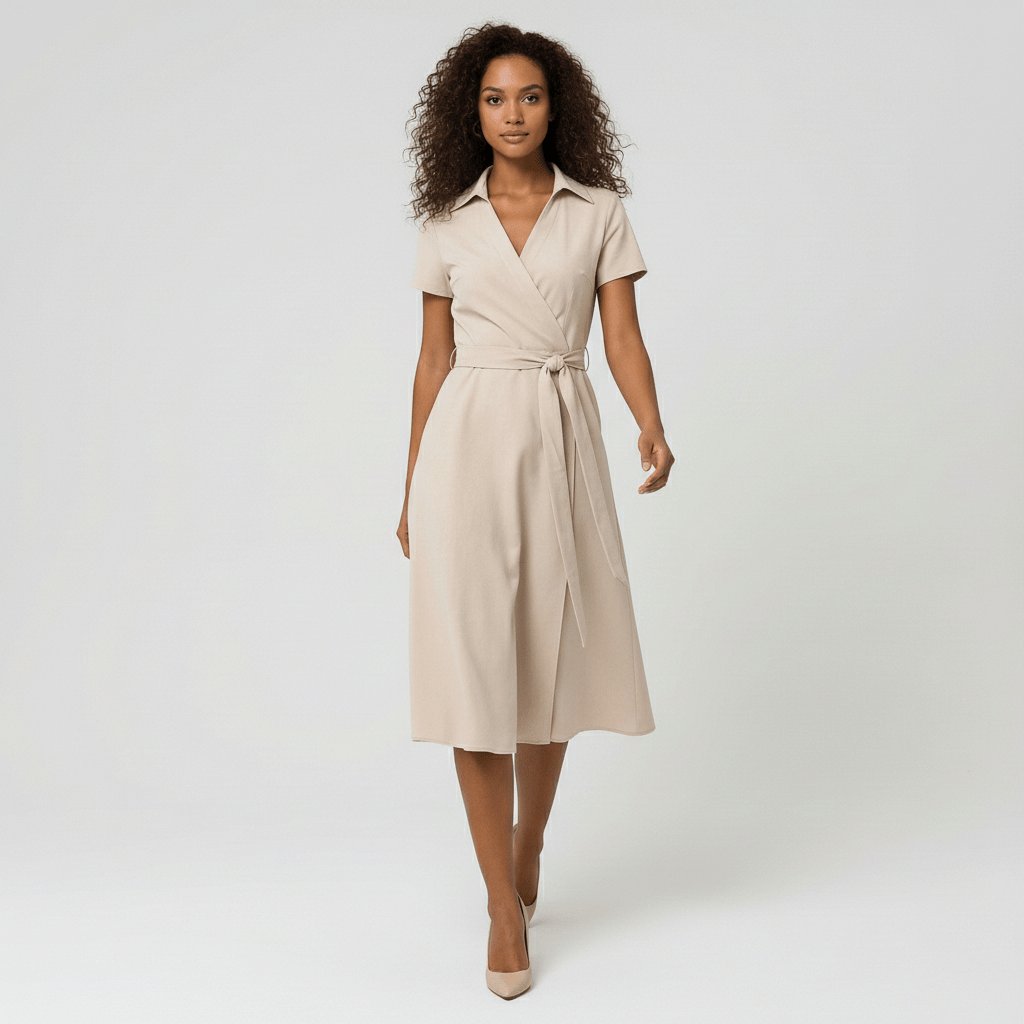 Women's V-Neck Wrap-Style A-Line Midi Dress Waist Tie