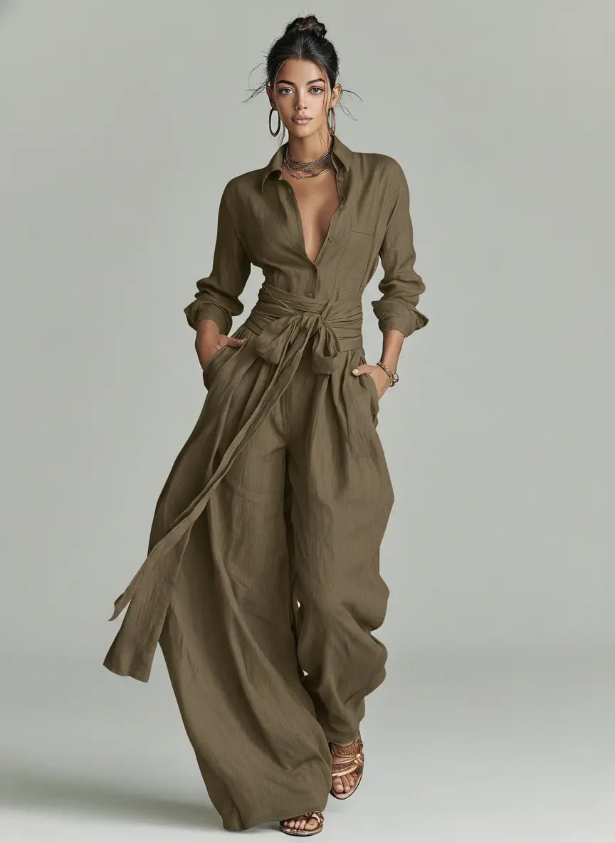 Women's Wide-Leg Cotton-Linen Belted Shirt Collar Jumpsuit - Cold Brown