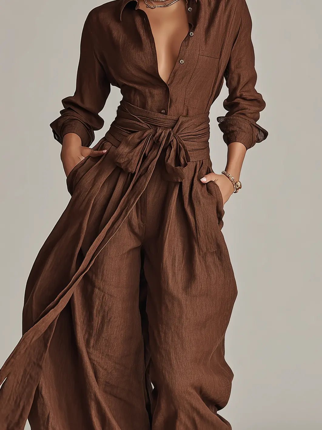 Women's Wide-Leg Cotton-Linen Belted Shirt Collar Jumpsuit
