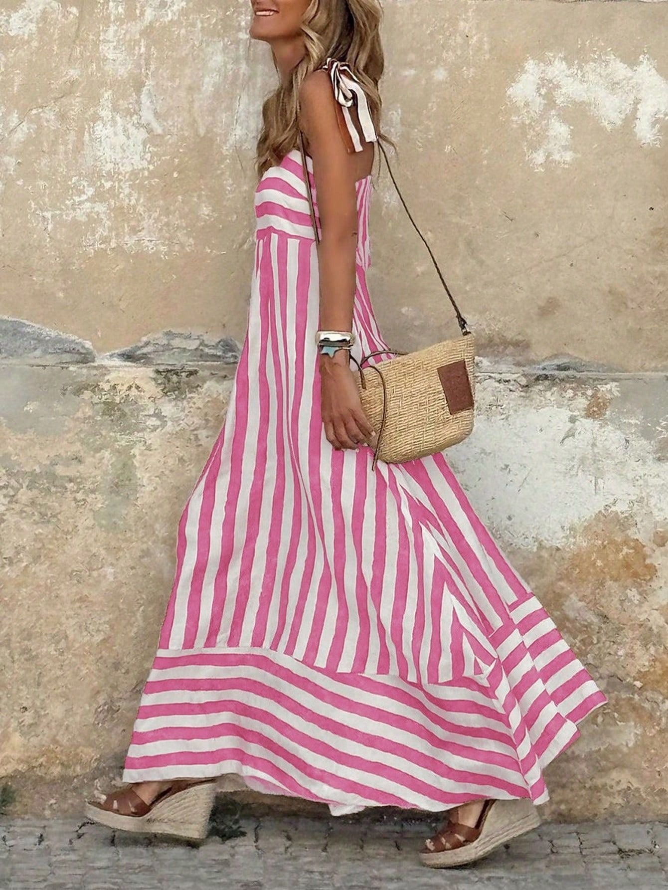 Women's Wide-Stripe Tie-Strap Flowy Maxi Dress - Pink