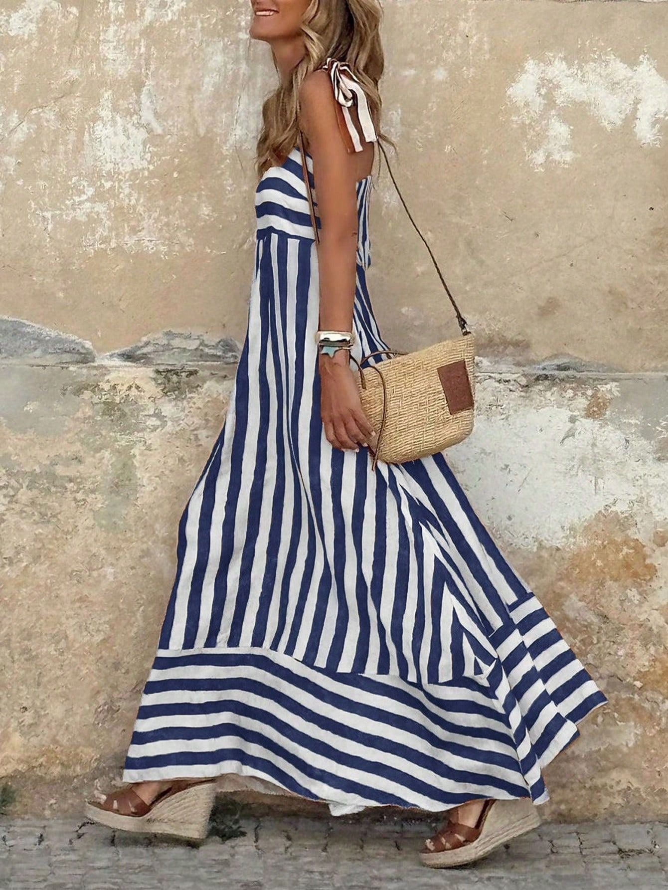 Women's Wide-Stripe Tie-Strap Flowy Maxi Dress - Blue