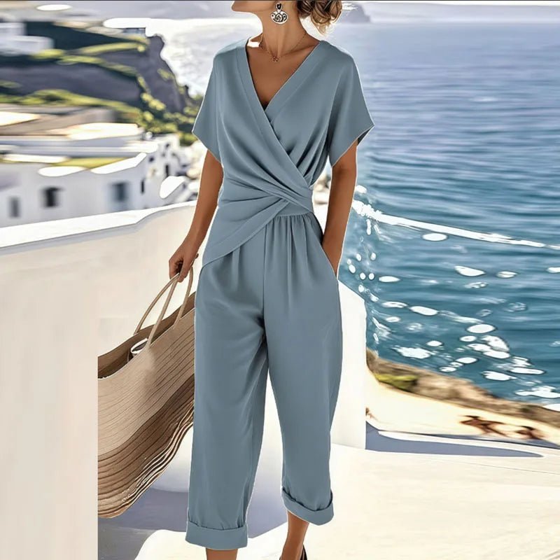 Women's Wrap-Front V-Neck Short Sleeve Relaxed Tapered Jumpsuit - Blue
