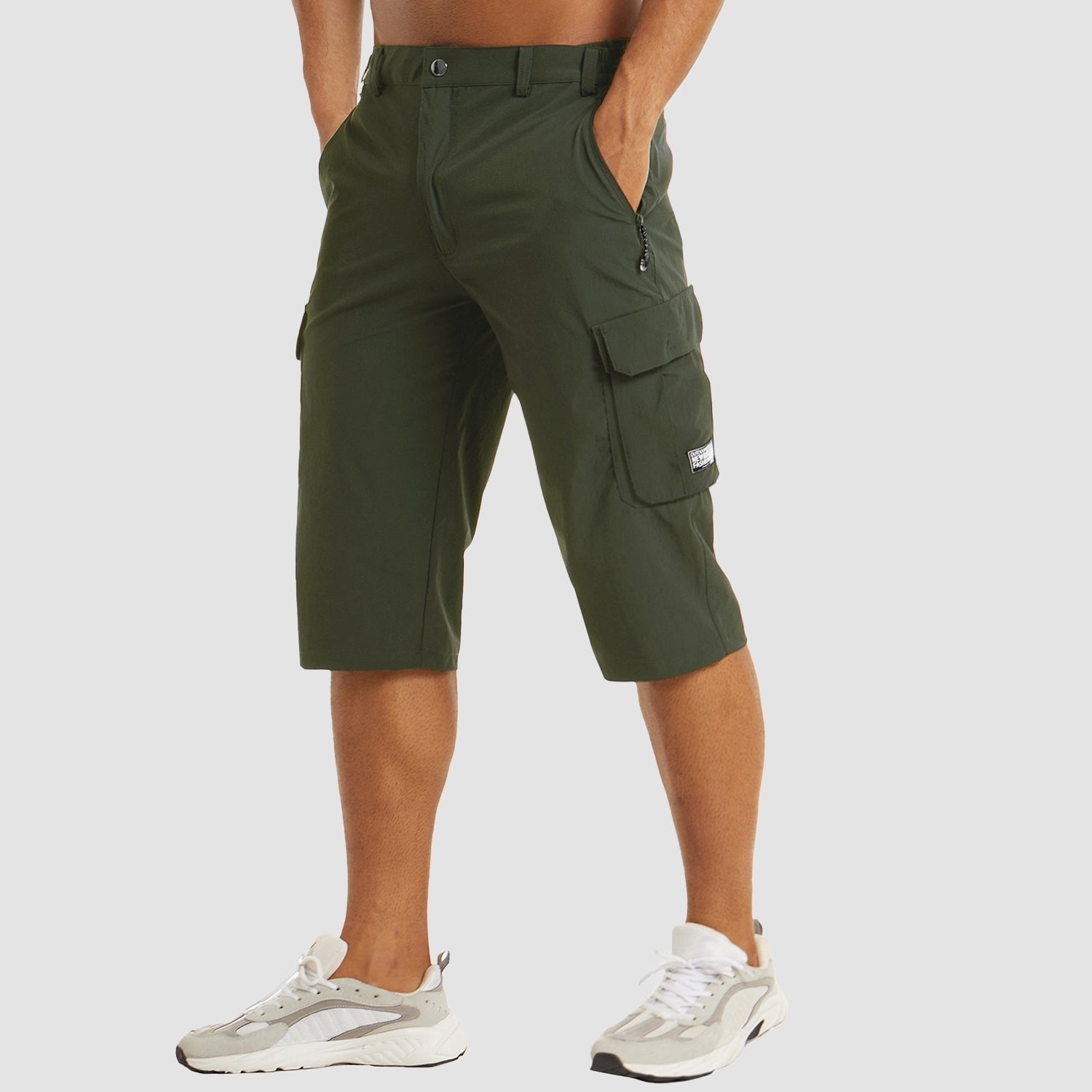 Men's Knee-Length Straight-Leg Cargo Shorts Button-Fly - Dark Green