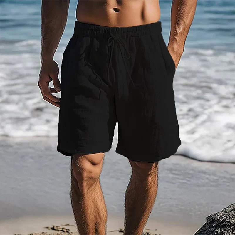 Men's Linen Drawstring Elastic-Waist Mid-Thigh Beach Shorts - Black