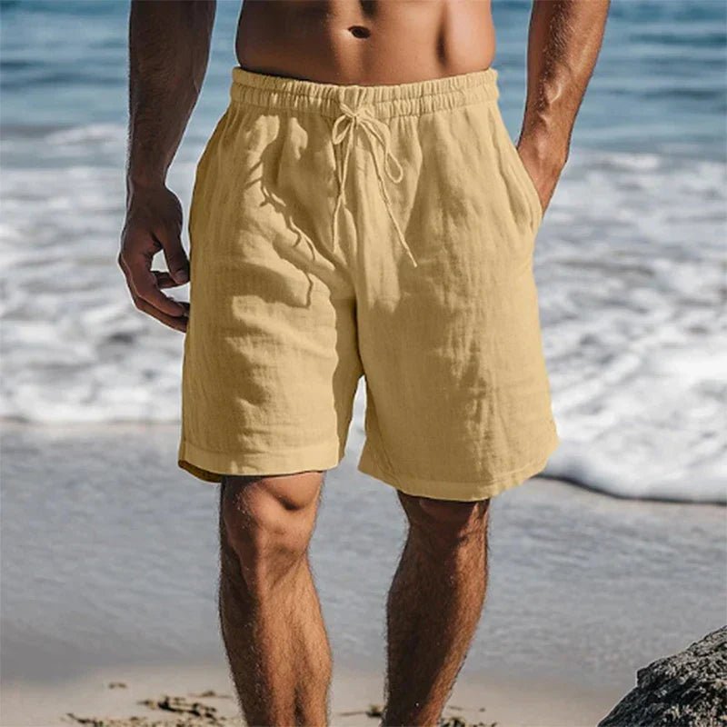 Men's Linen Drawstring Elastic-Waist Mid-Thigh Beach Shorts - Khaki