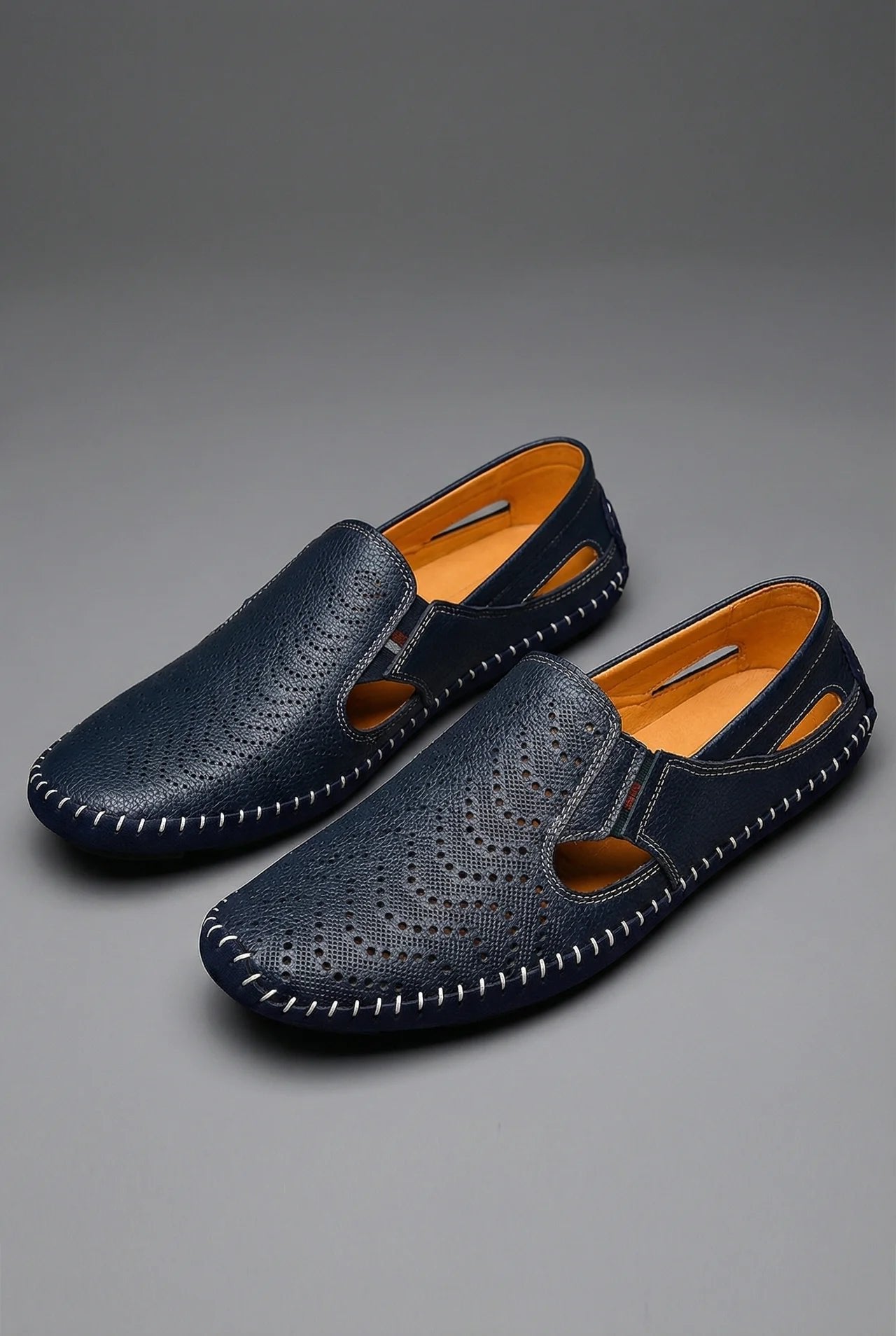 Men's Perforated Hand-Stitched Slip-On Driving Loafers - Navy