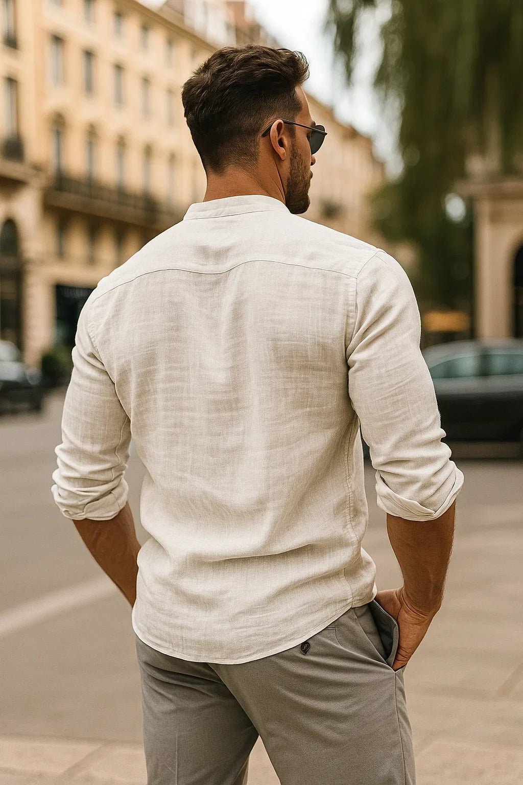 Men's Regular-Fit Band-Collar Linen Long-Sleeve Shirt