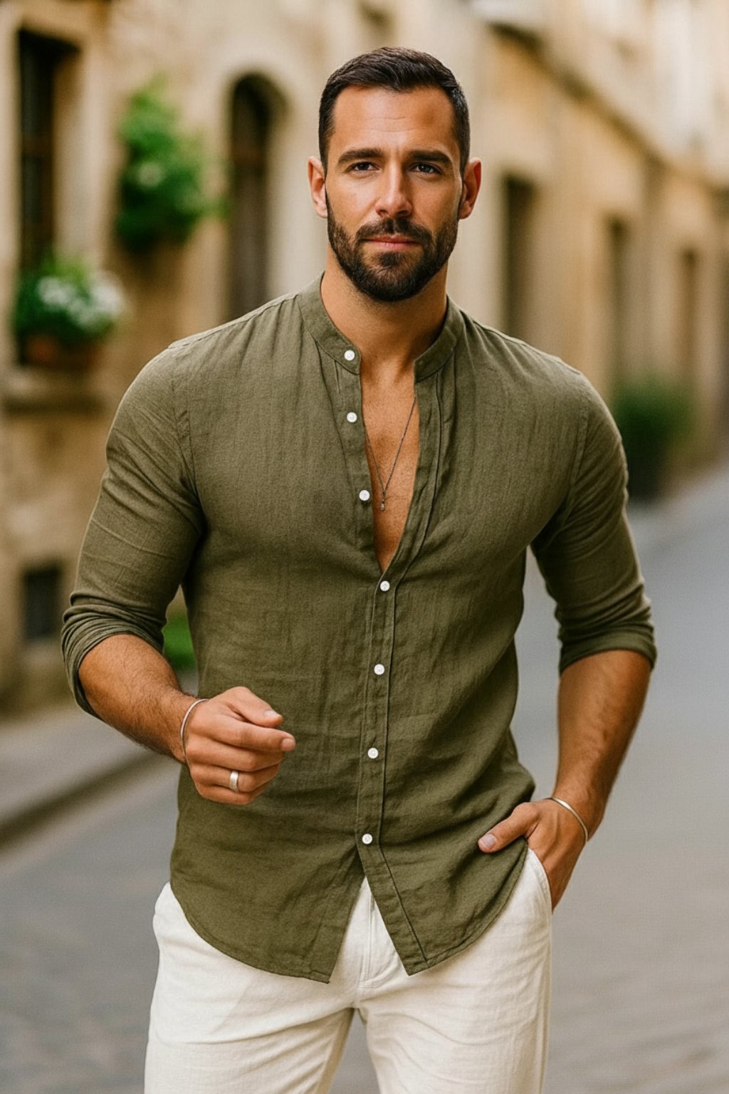 Men's Regular-Fit Band-Collar Linen Long-Sleeve Shirt - Army Green