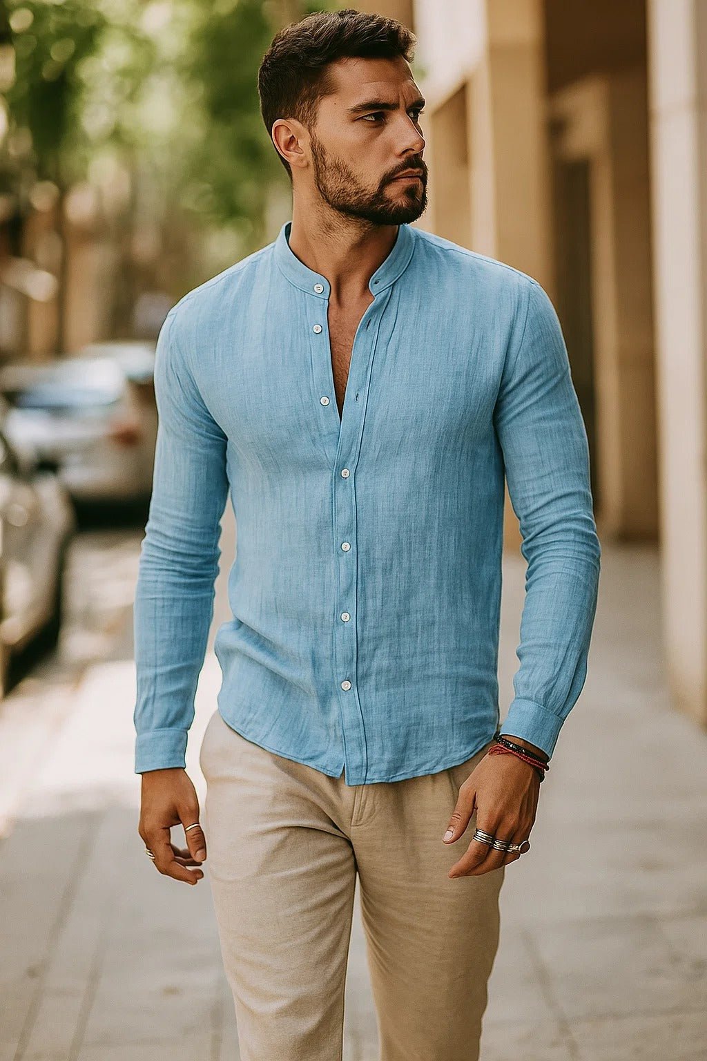 Men's Regular-Fit Band-Collar Linen Long-Sleeve Shirt - Light Blue