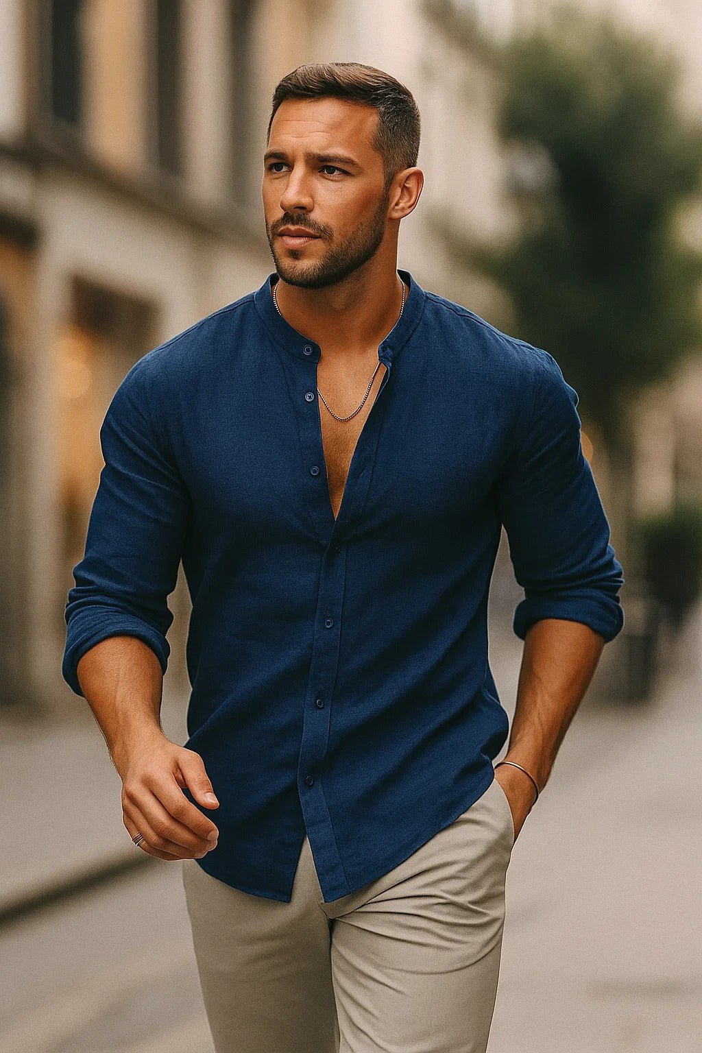 Men's Regular-Fit Band-Collar Linen Long-Sleeve Shirt - Blue