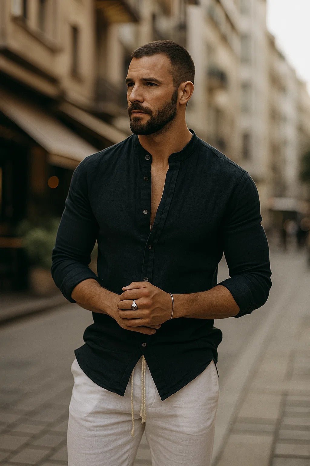 Men's Regular-Fit Band-Collar Linen Long-Sleeve Shirt - Black