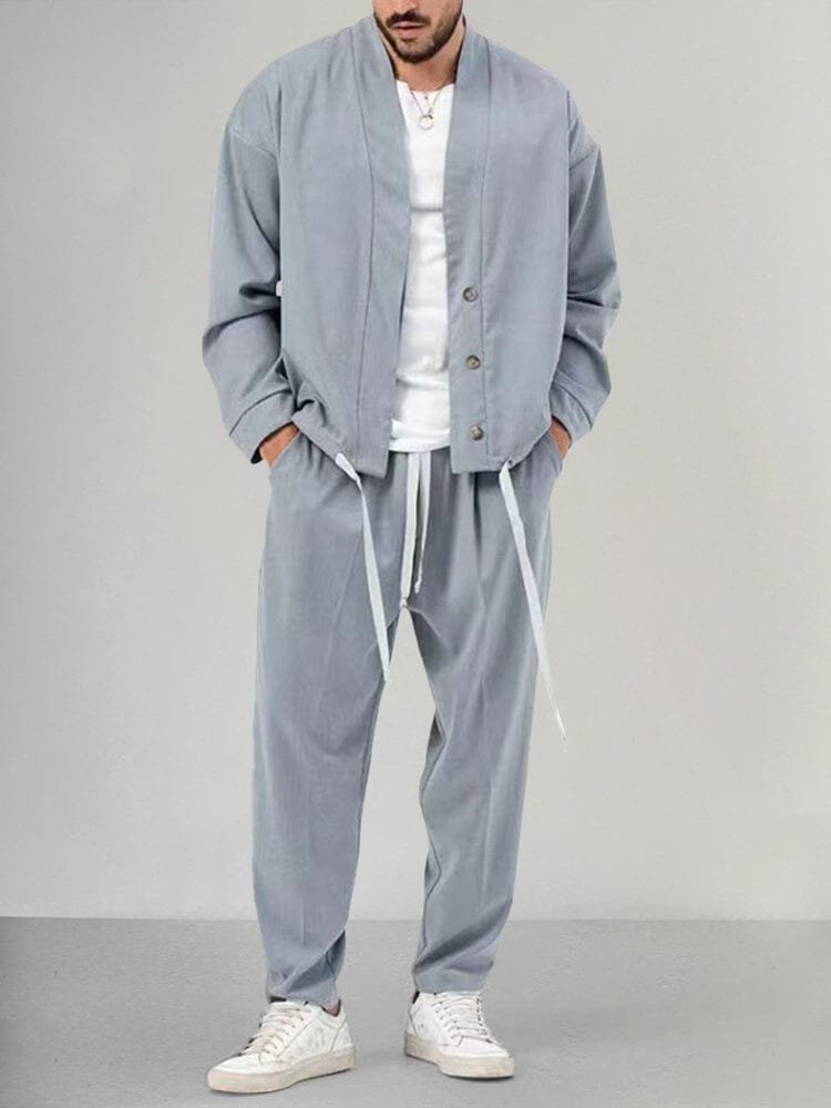 Men's Relaxed-Fit Button-Front Two-Piece Lounge Set - Light Gray