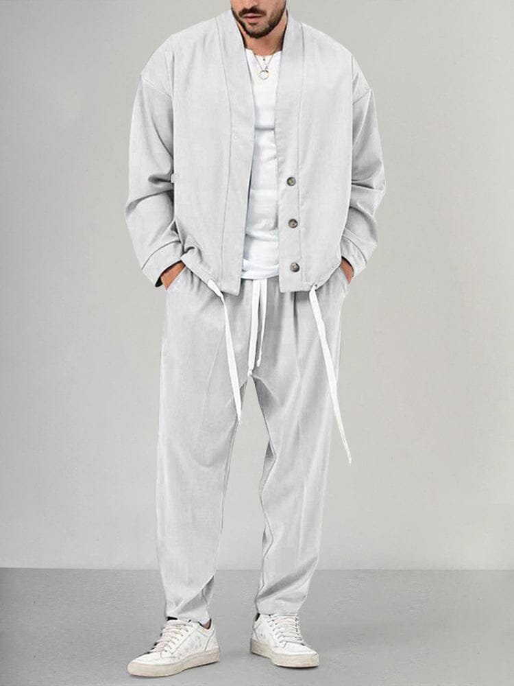 Men's Relaxed-Fit Button-Front Two-Piece Lounge Set - White