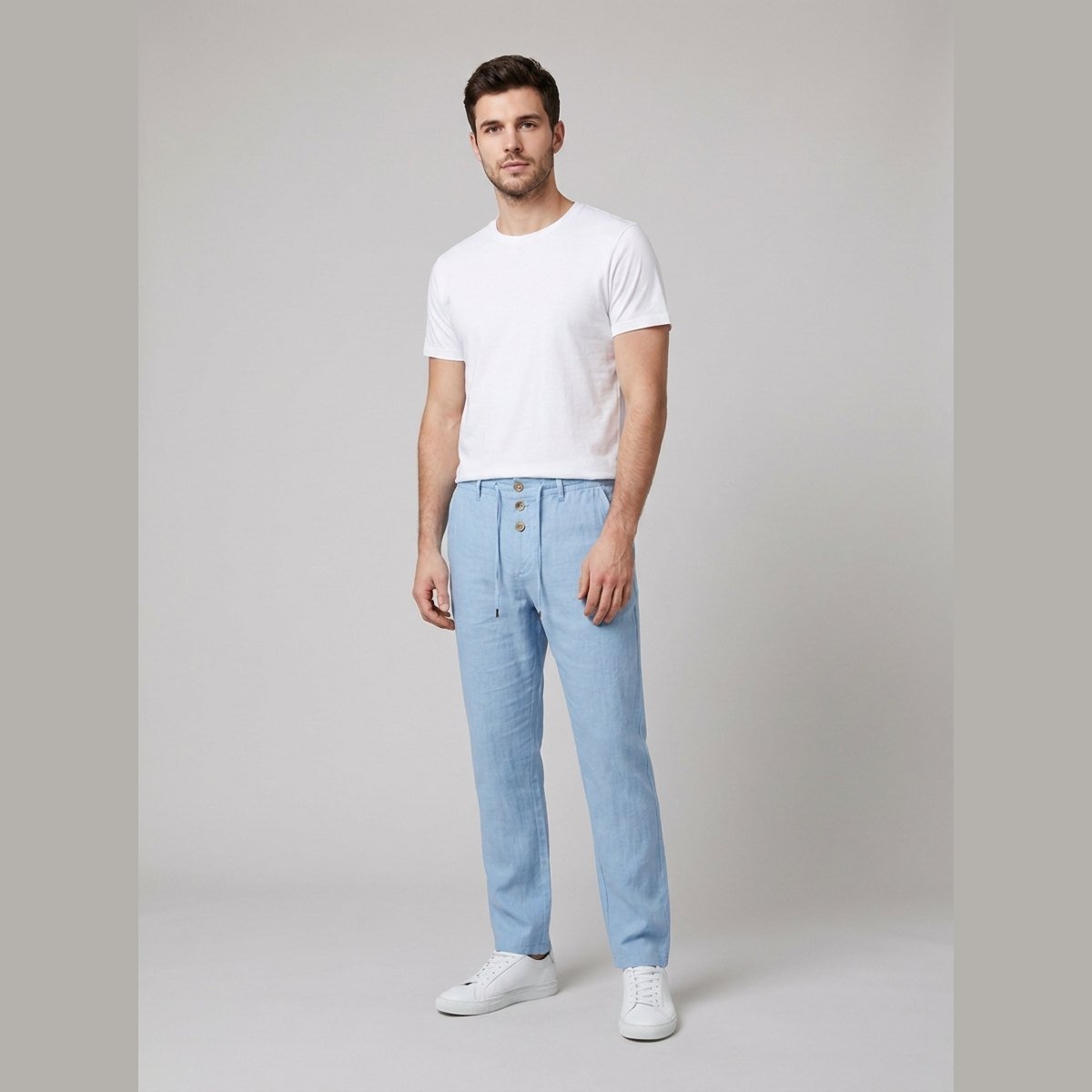 Men's Relaxed-Fit Drawstring Linen Pleated Pants - Light Blue