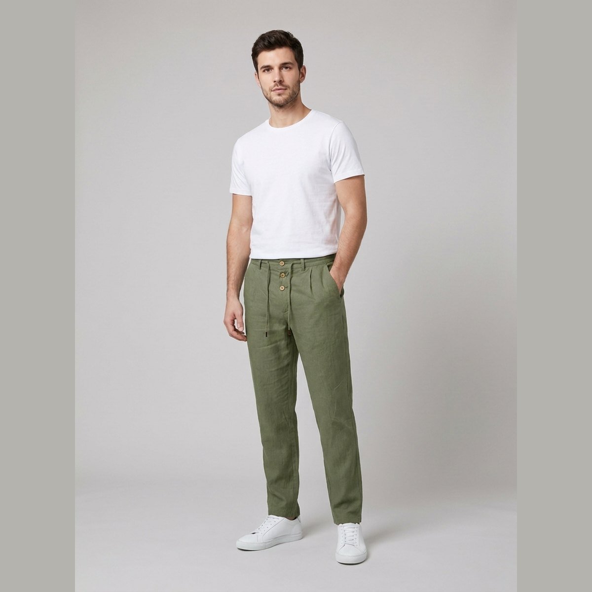 Men's Relaxed-Fit Drawstring Linen Pleated Pants - Army Green