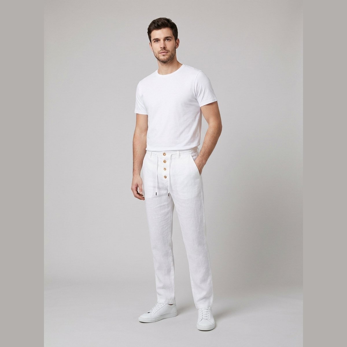 Men's Relaxed-Fit Drawstring Linen Pleated Pants - White