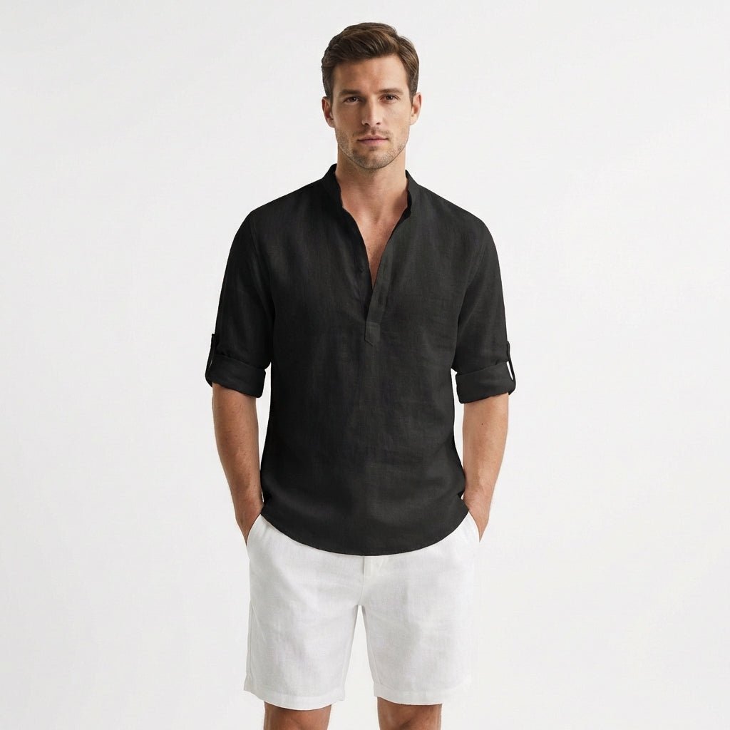 Men's Relaxed-Fit Linen Henley Band-Collar Shirt - Negro
