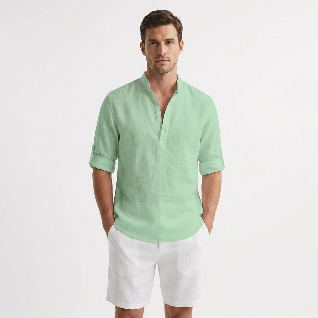 Men's Relaxed-Fit Linen Henley Band-Collar Shirt - Verde menta