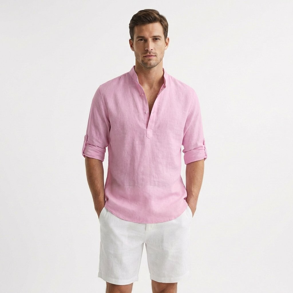 Men's Relaxed-Fit Linen Henley Band-Collar Shirt - Rosa
