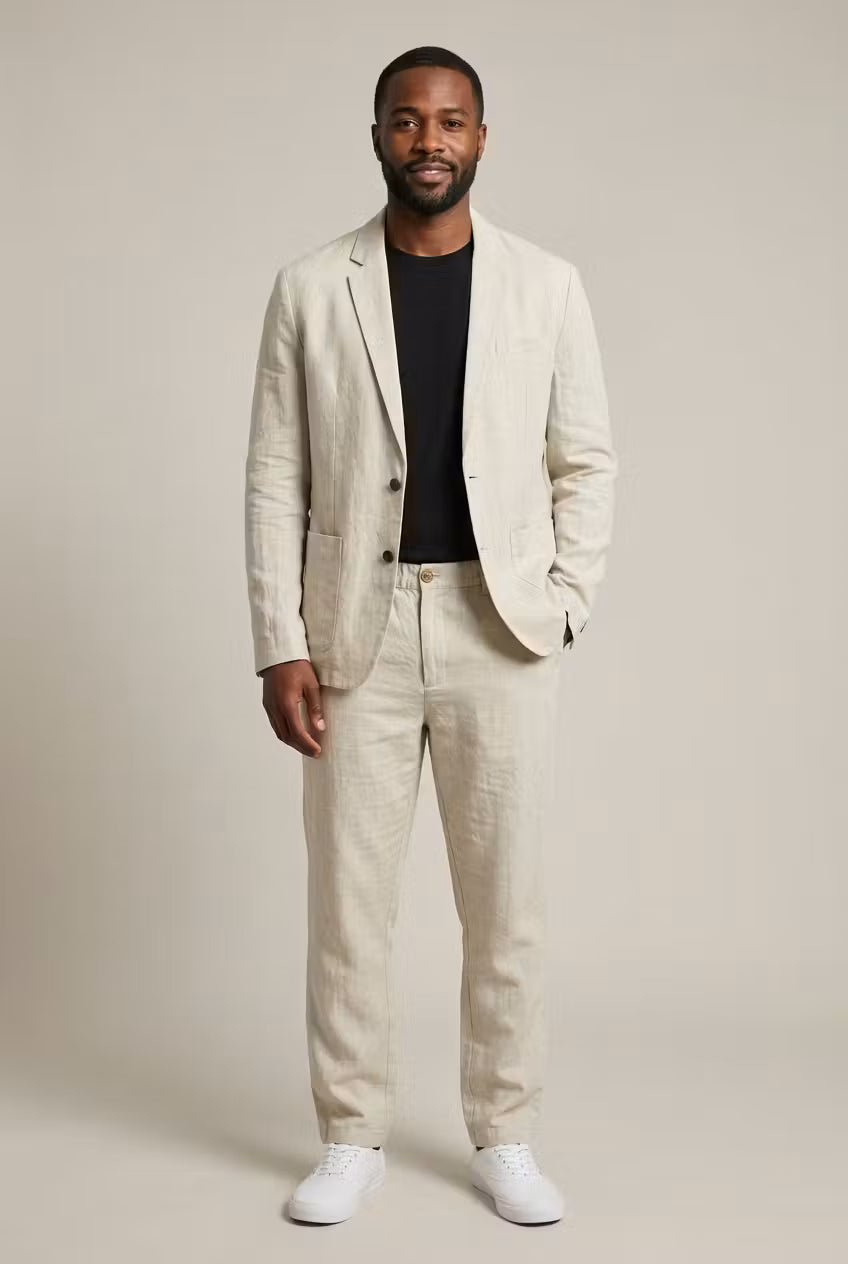Men's Relaxed-Fit Two-Piece Linen Suit Set Blazer Pants - Apricot