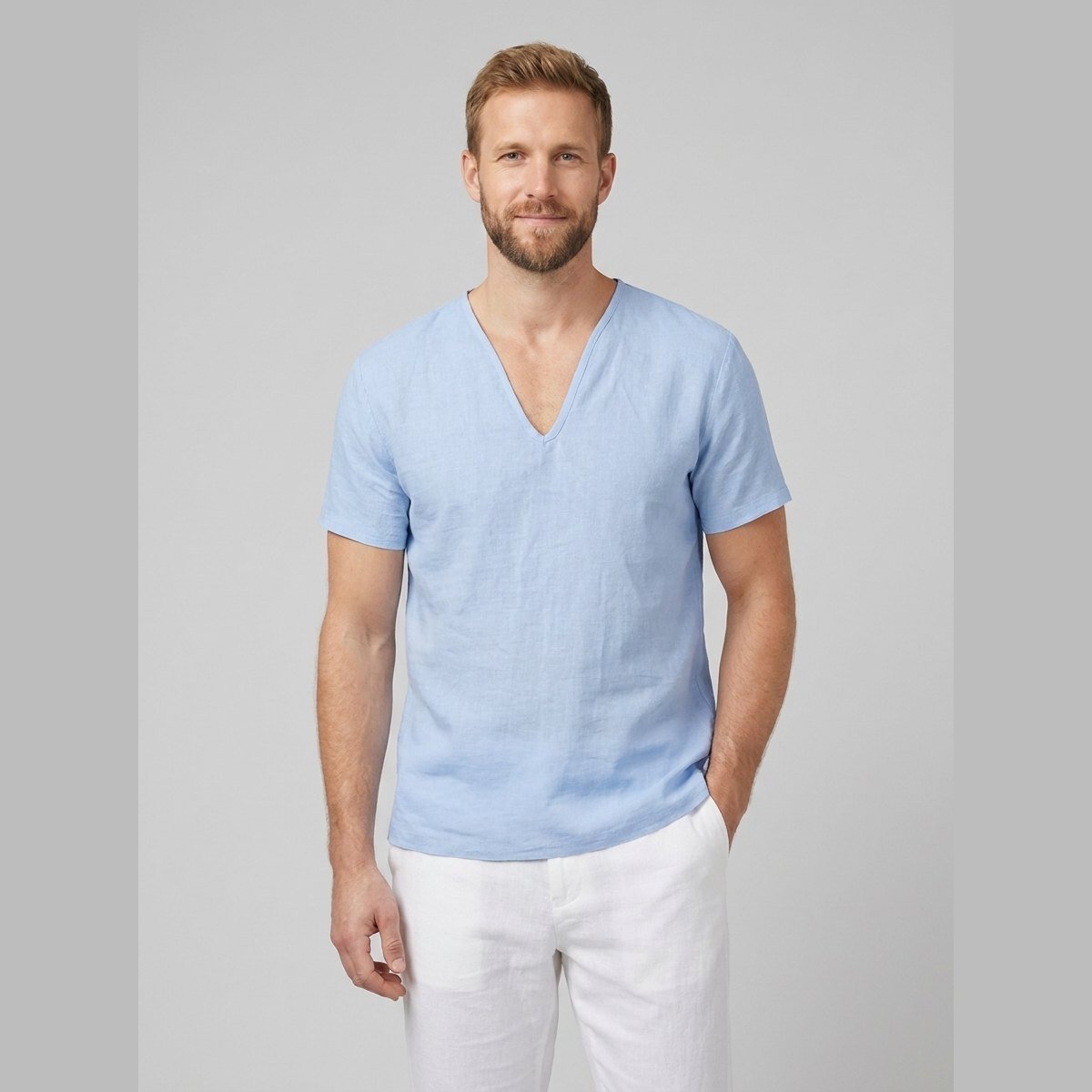 Men's Relaxed-Fit V-Neck Short-Sleeve Linen T-Shirt - Blue