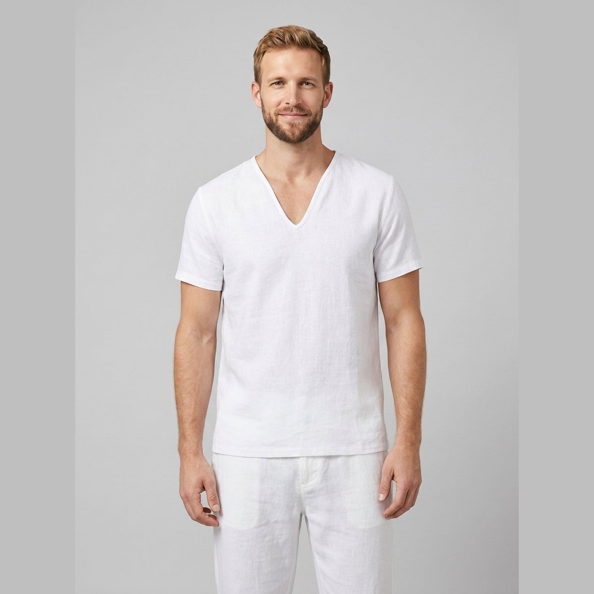 Men's Relaxed-Fit V-Neck Short-Sleeve Linen T-Shirt - White