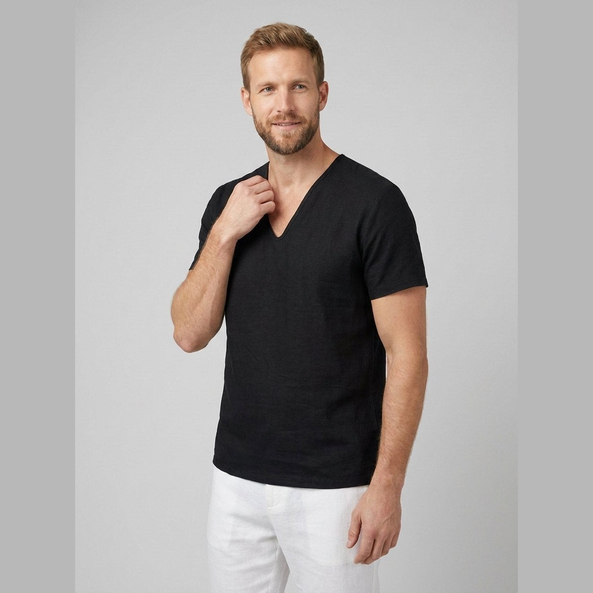 Men's Relaxed-Fit V-Neck Short-Sleeve Linen T-Shirt - Black