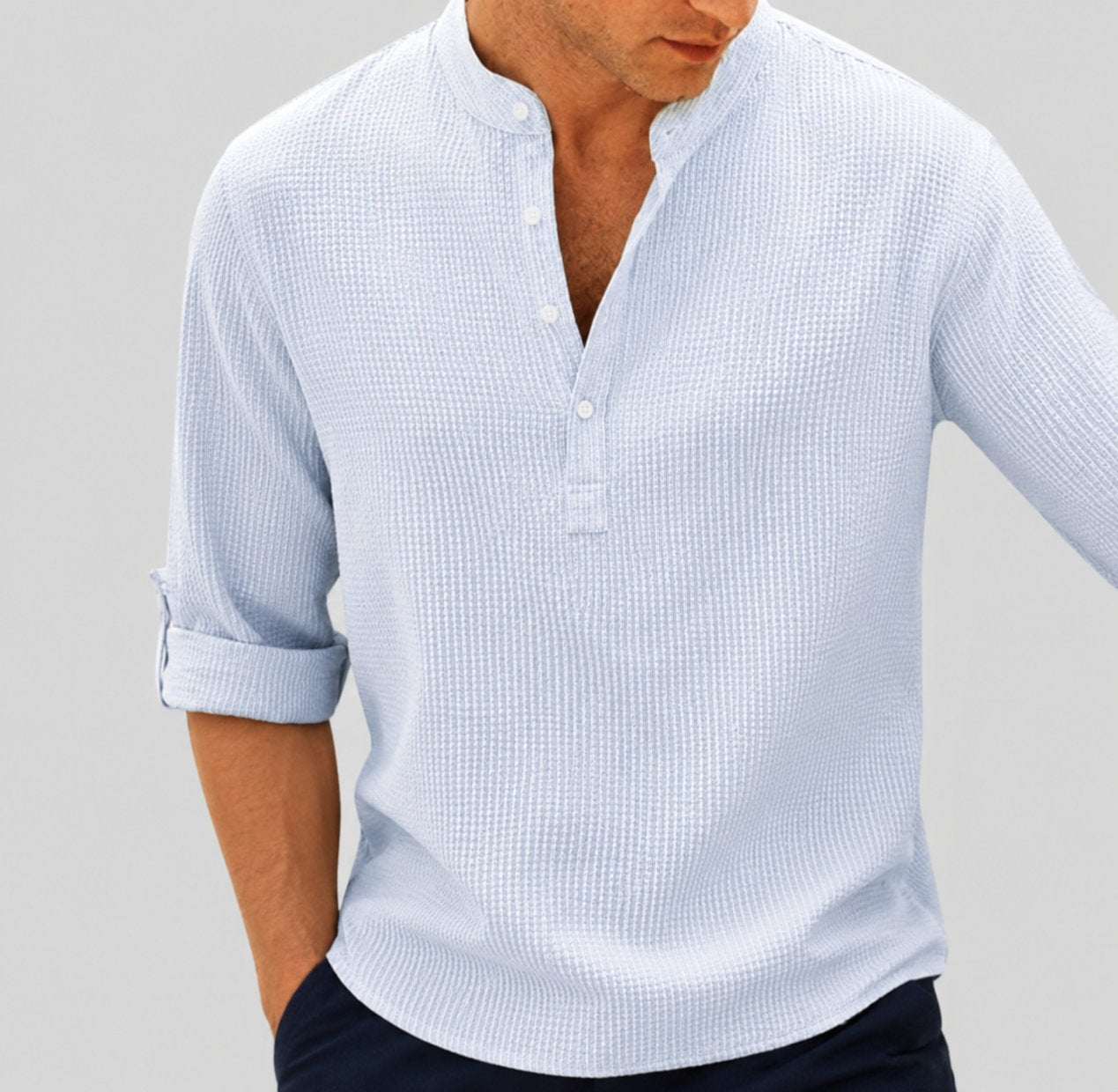 Men's Relaxed-Fit Waffle-Knit Henley Long-Sleeve Shirt - Blau