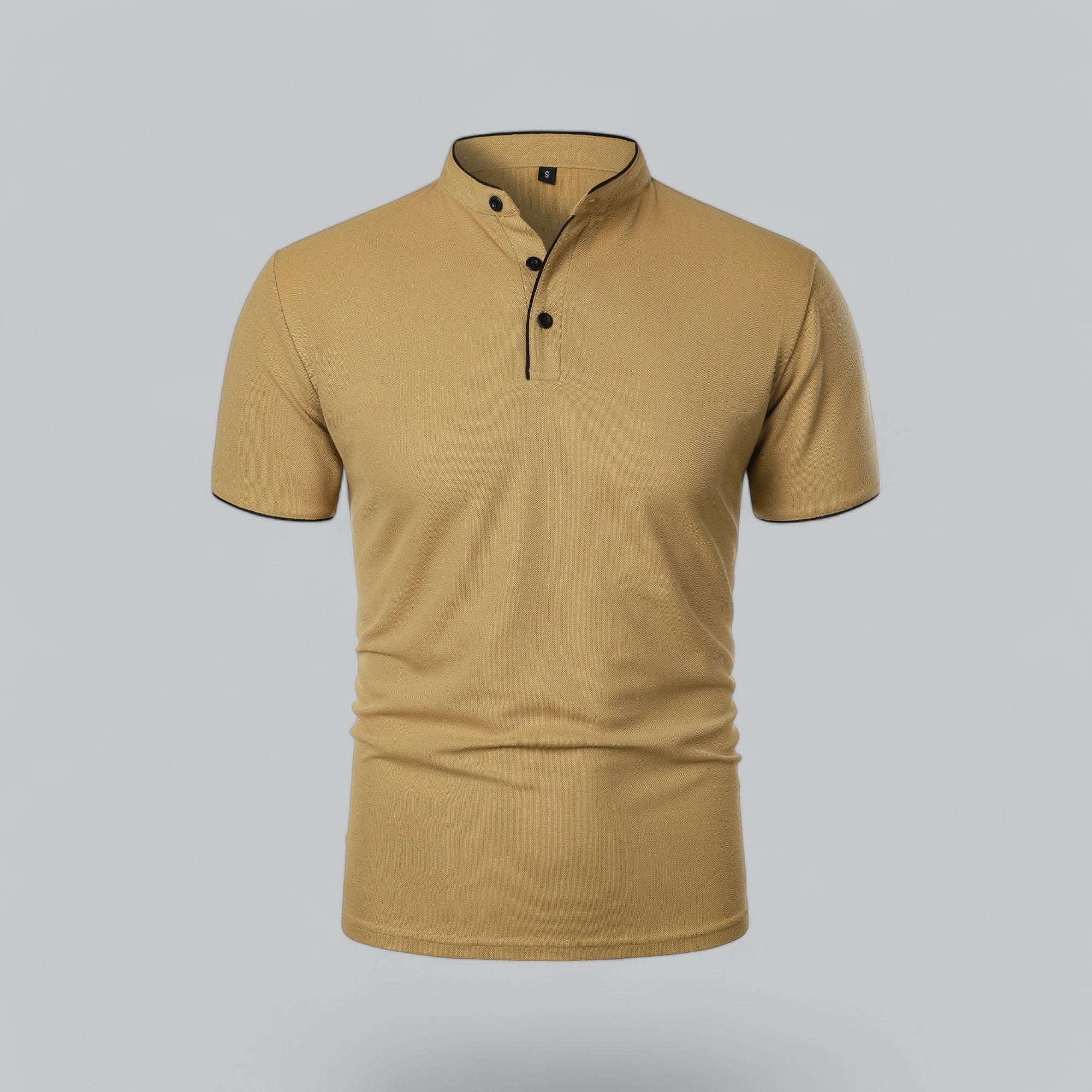 Men's Short-Sleeve Cotton Mandarin Collar Three-Button Polo Shirt - Khaki