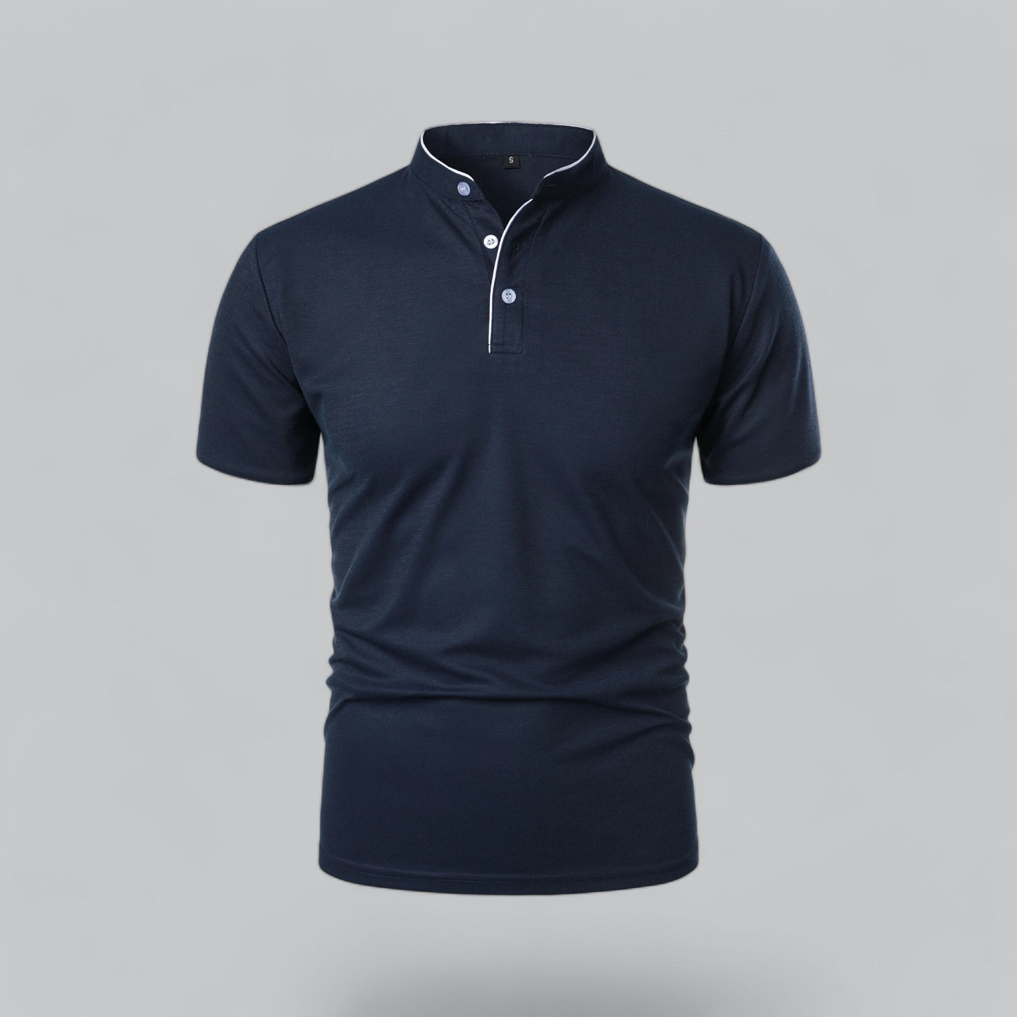 Men's Short-Sleeve Cotton Mandarin Collar Three-Button Polo Shirt - Navy Blue