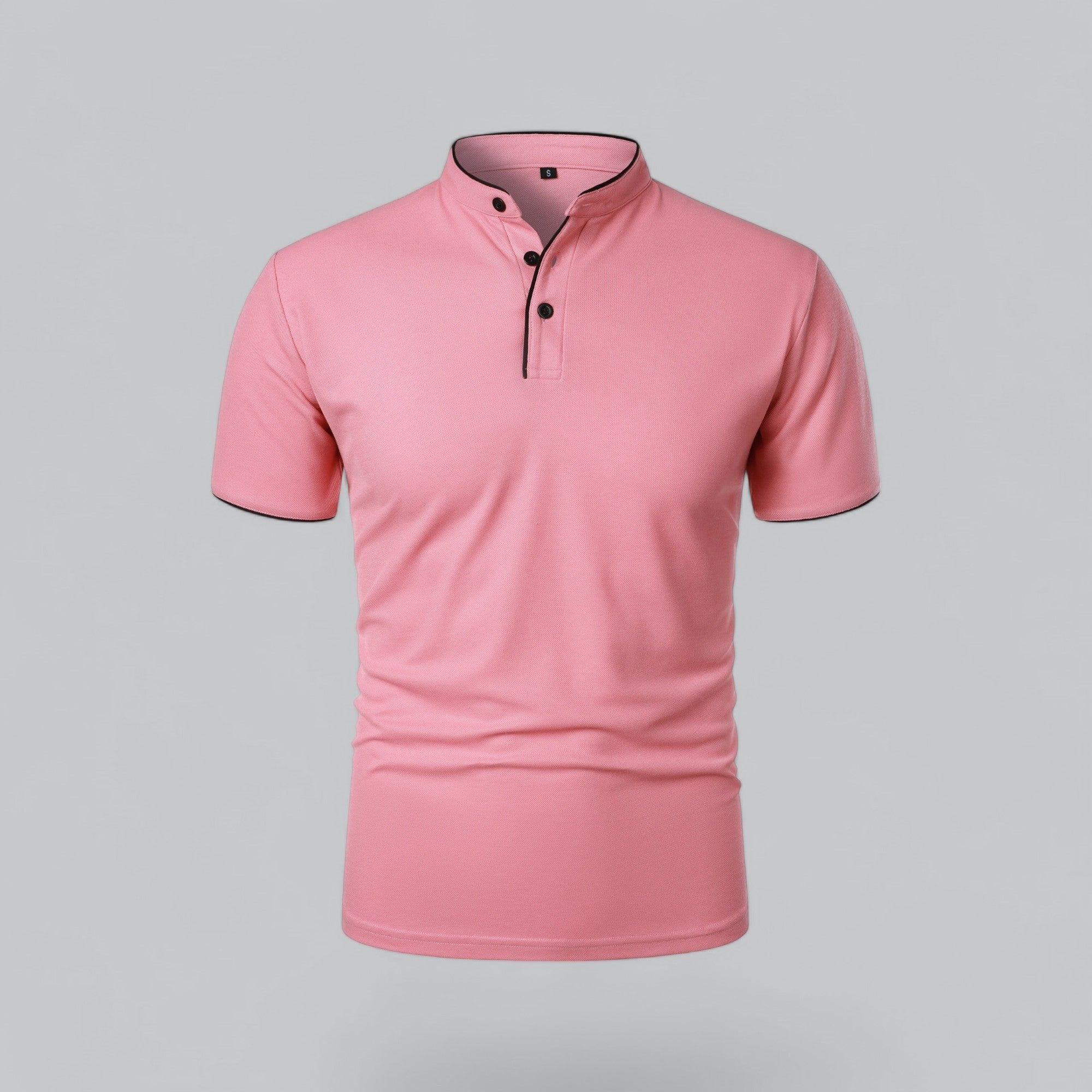 Men's Short-Sleeve Cotton Mandarin Collar Three-Button Polo Shirt - Pink