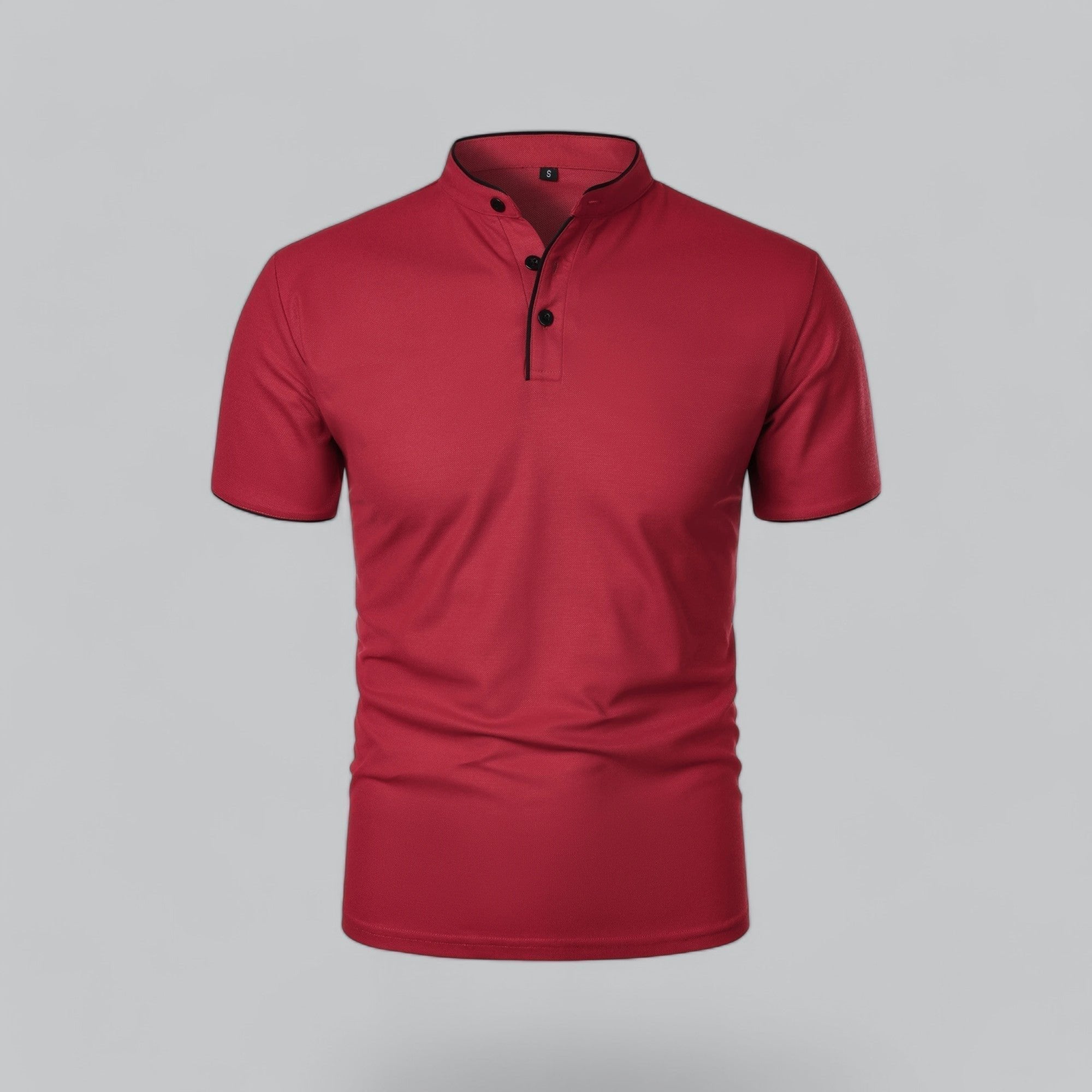 Men's Short-Sleeve Cotton Mandarin Collar Three-Button Polo Shirt - Dark Red
