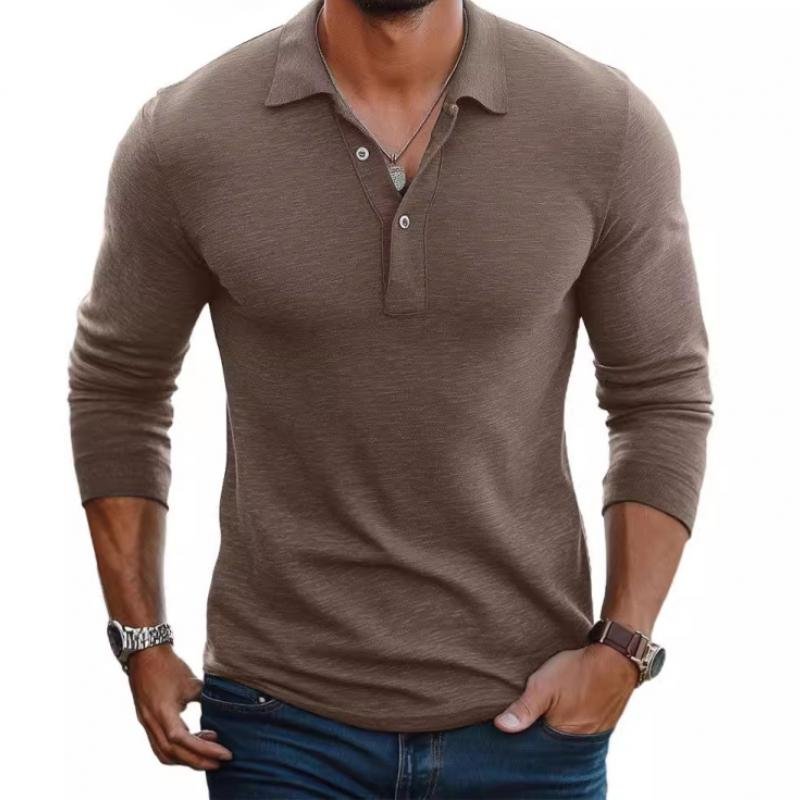 Men's Slim Fit Satin-Smooth Long Sleeve Button Placket Polo Shirt - Camel
